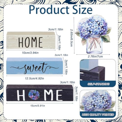 Cinnvoice 4 Pcs Farmhouse Wooden Tabletop Decor Blue Hydrangea Tiered Tray - style: Blue Hydrangea