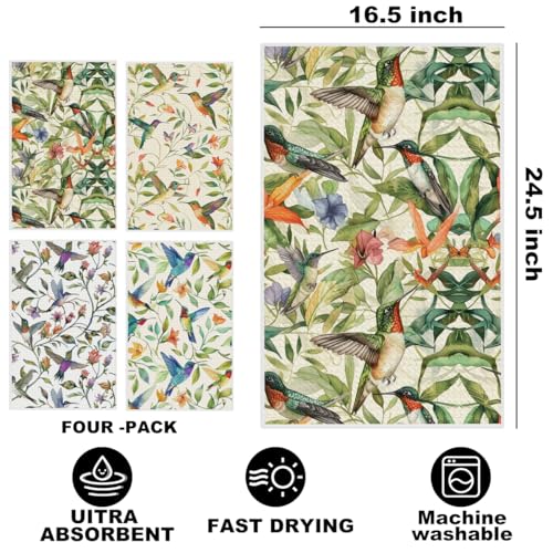 4 Pcs Hummingbird Kitchen Towels, Artistic Floral Decorative Dish Towel - color: Multi 1412