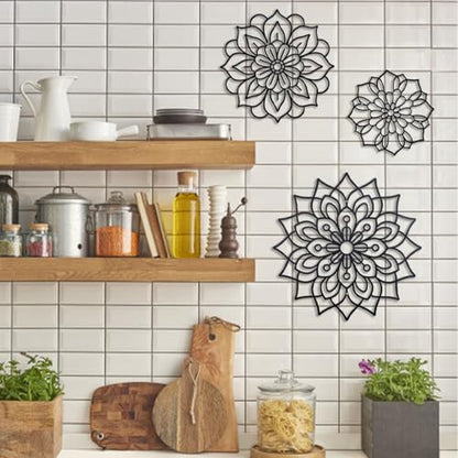 OYEFLY 3 Pieces Metal Flowers Wall Decoration,Flower Art Wall Decor Farmhouse Wall Decor (Black style2)