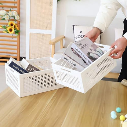 White Wooden Storage Baskets with Handle, Rectangular Set of 2 - color: White, size: Large & Small (Set of 2)