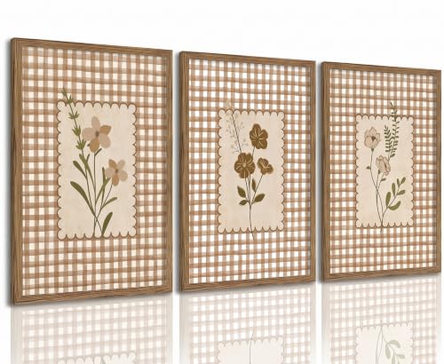 tgguytiy 3 Piece Framed Vintage Floral Wall Art, Bedroom Decor 12x16in - color: Checkered neutral flower, size: 16x12
