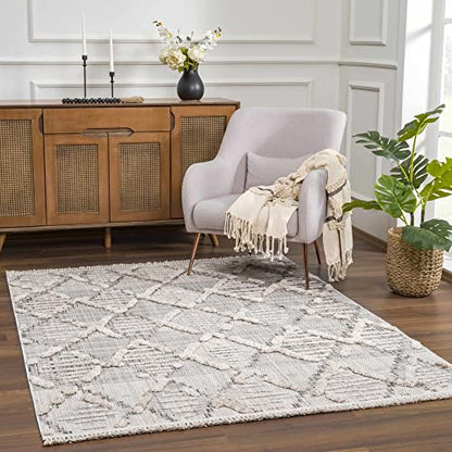 Hauteloom Atria Farmhouse Living Room Bedroom Moroccan Trellis Runner Rug - Soft Shaggy High Low Carpet - High Pile - Bohemian, Boho - Gray, Beige, Cream - 2'7" x 7'3" - color: Charcoal, Cream, Beige / Bogtong, size: 2'8" x 7'3" (Runner)