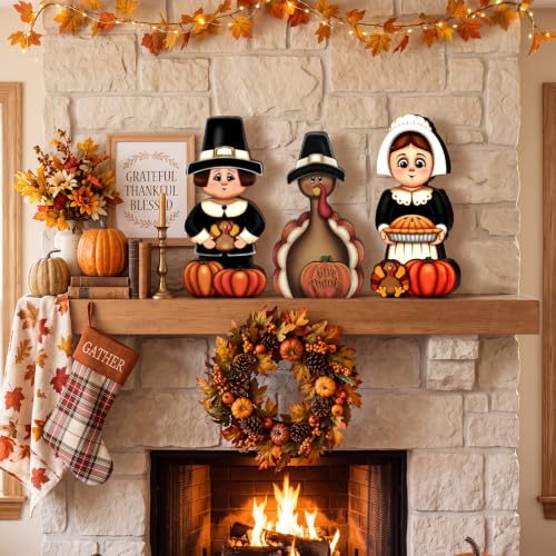 GlikCeil 3 Pcs Thanksgiving Table Decorations Wooden Pilgrim Turkey Sign - style: Thanksgiving Day