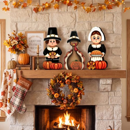 GlikCeil 3 Pcs Thanksgiving Table Decorations Wooden Pilgrim Turkey Sign - style: Thanksgiving Day