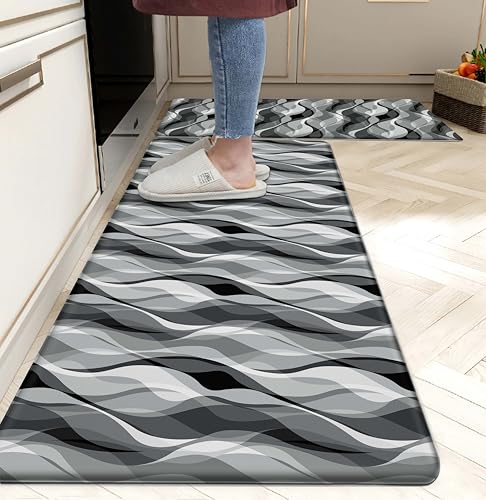weesire Kitchen Mats for Floor Modern Abstract Kitchen Rugs Grey Stripe Anti Fatigue Kitchen Mats Waterproof Floor Mats Cushioned Non-Skid Standing Mats for Kitchen, Set of 2,17.3 x 28+17.3 x 47 - color: Grey and White