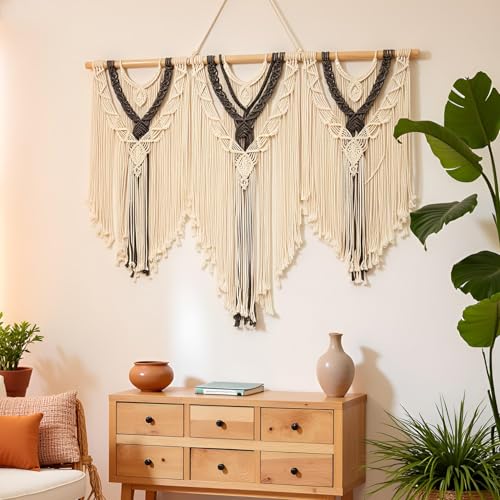 guzhiou Large Macrame Wall Hanging, Boho Woven Tapestry Decor Art, 43"x32" - color: Beige-grey