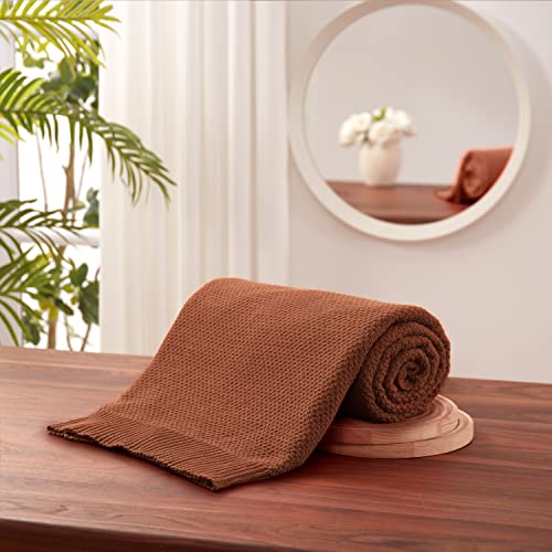 TREELY 100% Cotton Brown Knitted Throw Blanket 50"x60" - color: Brown, size: Throw(50" x 60")