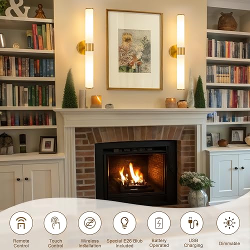 Gold Battery Operated Wall Sconces Set of 2 with White Glass Lamp Shade - color: Gold（White Glass）