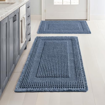 MIULEE Set of 2 Waffle Bathroom Rugs Blue Boho Bath Mat 17x24+18x30 in - color: Blue, size: 17''x24'' + 18''x30''