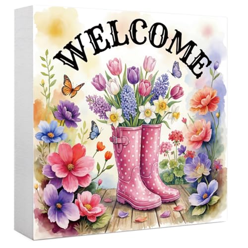 Welcome Sign Spring Flowers Wooden Box Sign, Spring Decorations for Home Office Bathroom Kitchen Rustic Wood Block Signs for Desk Shelf Table Decor - color: Welcome5