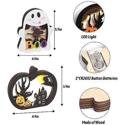 CCINEE 2pcs Halloween Lighted Wooden Table Decoration, Ghost Pumpkin Tabletop Centerpieces LED Boo Spooky Sign for Trick or Treat Halloween Party Dinner Coffee Table Topper Tier Tray Room Decor