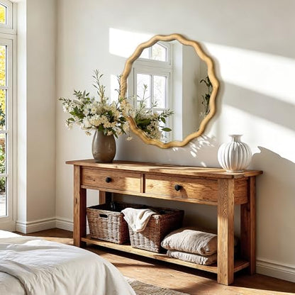 AMOISE Round Wavy Wall Mirror, 24" Circle Boho Scalloped Mirror - size: 24"L x 24"W