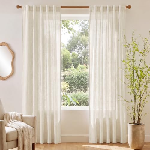 NICETOWN Sheer Linen Curtains 84 Inch Length for Bedroom Living Room 2 Panels, Ivory Rod Pocket & Back Tab Semi Sheer Drapes Privacy Semitransparent Farmhouse Window Treatment, W42 x L84 - color: Linen Ivory, size: 42"W x 84"L (Pack of 2)