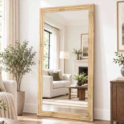 81x41in Full Length Mirror, 3-Tier Stepped Wood Frame, Light Brown - color: Light Brown, size: 81"L x 41"W