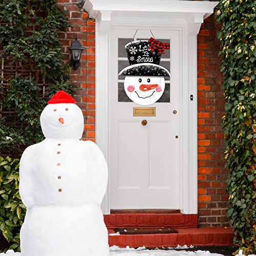 Whaline Large Christmas Snowman Wooden Hanging Sign Winter Welcome Door Sign with Buffalo Plaid Bow Snowman Wood Front Door Hanger for Home Indoor Outdoor Farmhouse Wall Window Decor - style: Classic