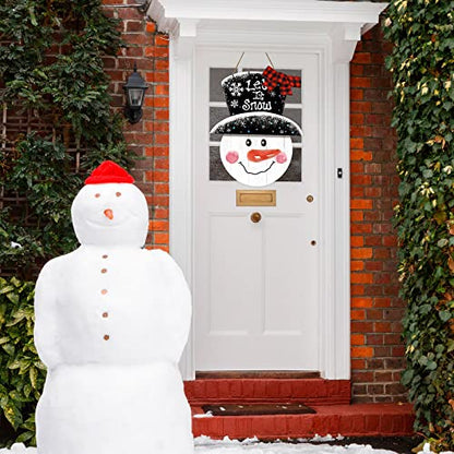 Whaline Large Christmas Snowman Wooden Hanging Sign Winter Welcome Door Sign with Buffalo Plaid Bow Snowman Wood Front Door Hanger for Home Indoor Outdoor Farmhouse Wall Window Decor - style: Classic