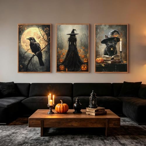 KAIRNE Black Cat Halloween Wall Art Dark Witch Gothic Print Set-24’’X36’’X3 - color: Dark Halloween, size: 24"Lx36"W