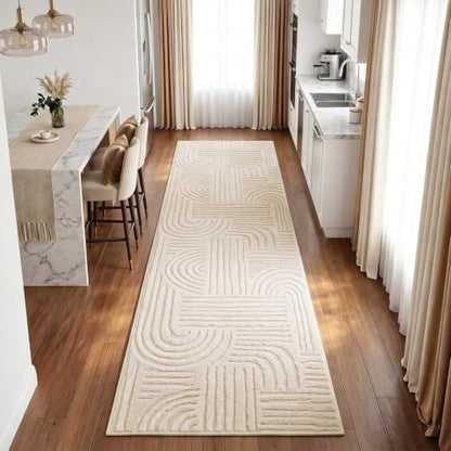 Etwel 2x8 Beige Modern Geometric Textured High-Low Pile Washable Runner Rug - color: Neutral Beige, size: 2' x 8'