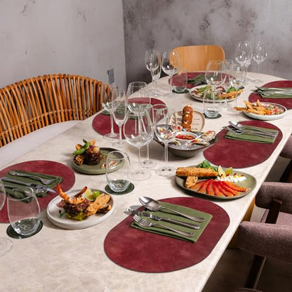 ADRIMER Oval Placemats Set of 6, Wipeable Faux Leather, Wine Red - color: Wine Red