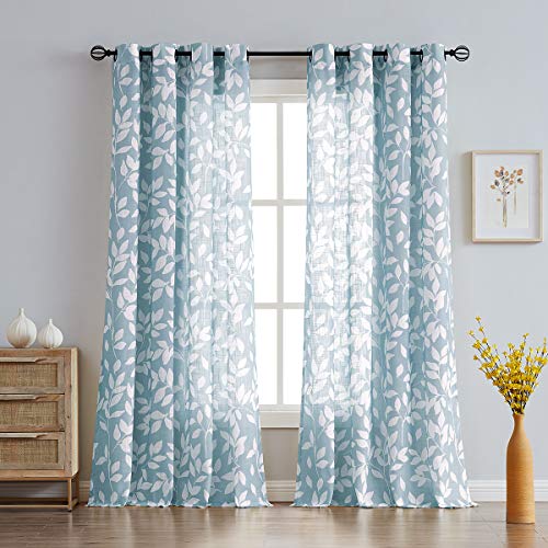 Blue Semi Sheer Curtains 95" White Leaf Print Bedroom Window Drapes 2pcs - color: Blue, size: 52"W x 95"L (Pack of 2)