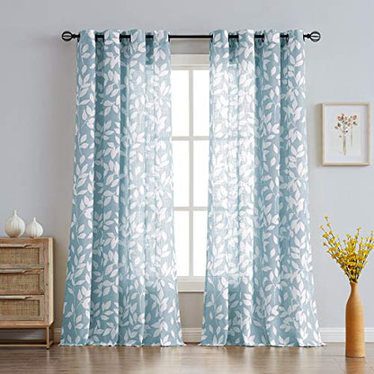 Blue Semi Sheer Curtains 95" White Leaf Print Bedroom Window Drapes 2pcs - color: Blue, size: 52"W x 95"L (Pack of 2)