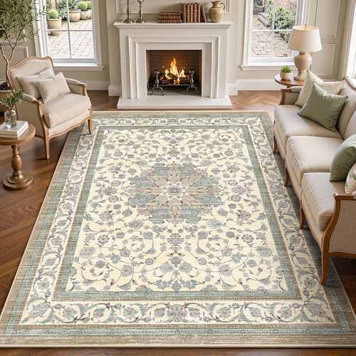 Arenarug 8x10 Area Rugs for Living Room, Washable Distressed Boho Non Slip Large Rug, Soft Low Pile Stain & Fade Resistant Carpet for Bedroom, Dining Room, Home Office, Cream Blue - color: Cream Blue, size: 8' x 10' (Rectangular)