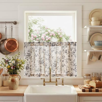 jinchan Floral Linen Kitchen Tier Curtains, 24 Inch, 2 Panels, Black - color: Amlie Black, size: 26"W x 24"L (Pack of 2)