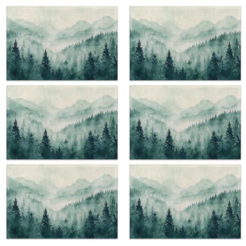 Watercolor Forest Landscape Linen Placemats Set of 6, Decorative Table Mats 12x18 Inch, Washable Heat Resistant Placemats for Dining Table Kitchen Home Decor - color: Watercolor Forest Landscape