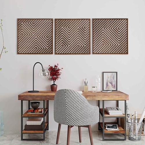 Wood Geometric Wall Art, Large 3D Optical Illusion Wooden Wall Art Modern, Abstract Wood Wall Decor Living Room, 3 Piece Wood Wall Panels