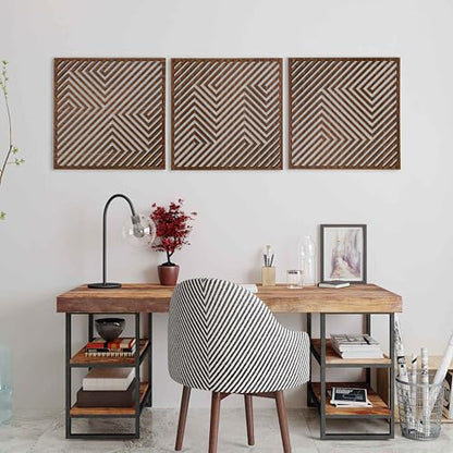 Wood Geometric Wall Art, Large 3D Optical Illusion Wooden Wall Art Modern, Abstract Wood Wall Decor Living Room, 3 Piece Wood Wall Panels
