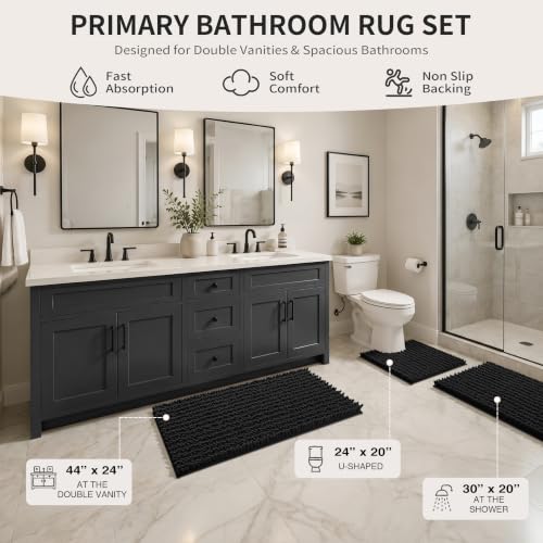 Yimobra Black Bathroom Rug Set 3 Piece, Super Water Absorbent Bath Mat Set - color: Black, size: 24"x20" + 30"x20"+ 44"x24"