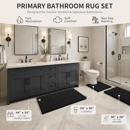 Yimobra Black Bathroom Rug Set 3 Piece, Super Water Absorbent Bath Mat Set - color: Black, size: 24"x20" + 30"x20"+ 44"x24"
