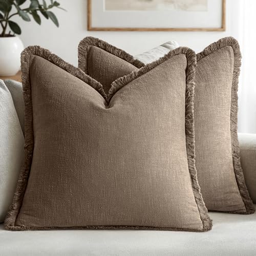 MIULEE Linen Fringe Decorative Fall Throw Pillow Covers Cocoa Brown 16x16 - color: Cocoa Brown, size: 16" x 16" (Pack of 2)