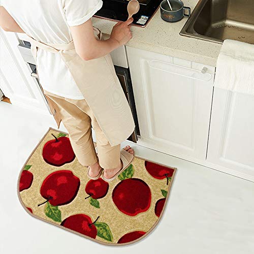 Half Round Skid Resistant Kitchen Mat Latex Backing Red Apple Area Rugs Machine Washable Half Cricle Doormat Bathroom Foot Pads Slice (1'6x2'6)