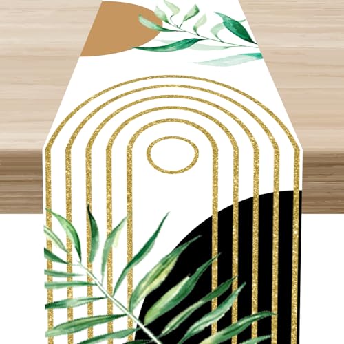 Boho Green Leaves Table Runner, Tropical Plants Palm Leaf Sage Abstract Bohemian Mid Century Table Center Decor for Family Kitchen Holiday Party Table Decorations Indoor Outdoor 13x36 inch - color: Boho Leaf-09, size: 13x36" Table Runner