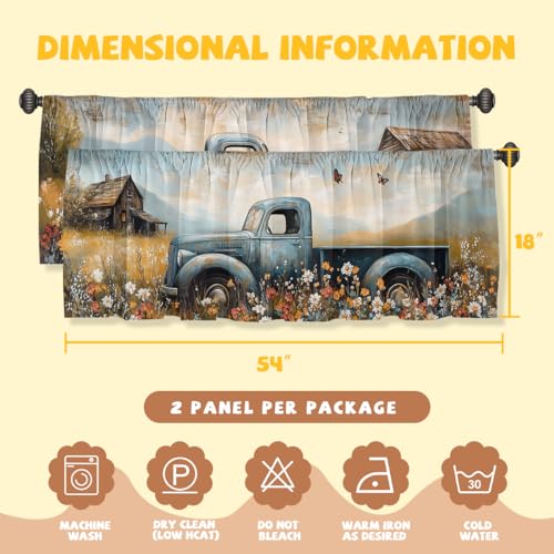 Farmhouse Truck Valance Curtain for Windows 2 Pack Rustic Country Flower Butterfly Rod Pocket Printed Curtain Valances Short Tier Curtains for Living Room Bathroom Bedroom 54x18 Inch - color: Farmhouse Truck