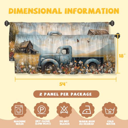 Farmhouse Truck Valance Curtain for Windows 2 Pack Rustic Country Flower Butterfly Rod Pocket Printed Curtain Valances Short Tier Curtains for Living Room Bathroom Bedroom 54x18 Inch - color: Farmhouse Truck