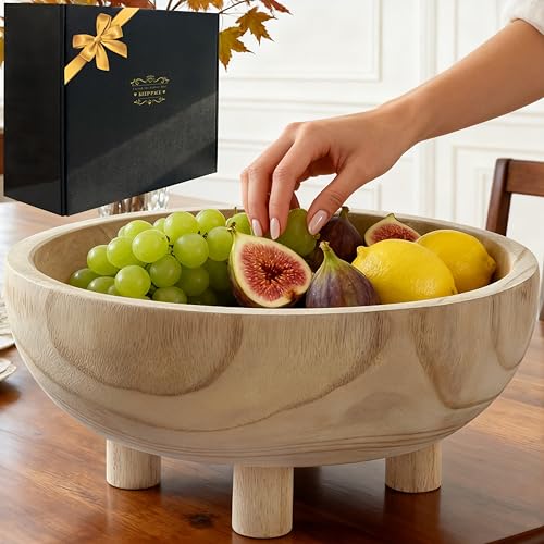 Premium 11" Handcrafted Large Wooden Fruit,Dough,Salad/key Bowl-Wooden Decorative Serving Bowl-Modern Farmhouse Kitchen Counter Centerpiece/Table/Dining Room Entryway Key Catcher-Wedding|Birthday Gift - color: Natural, size: Large