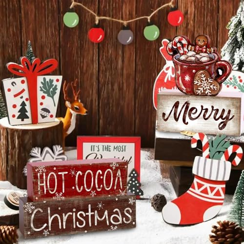 4Pcs Christmas Wooden Tabletop Decoration Hot Cocoa Wooden Block Signs Gift - style: Hot Cocoa