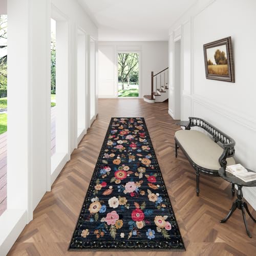 Washable Kitchen Rug Hallway Runner: 2x10 Runner Rug Non Slip Carpet Runner - color: Black Floral, size: 2' x 10' (Rectangular)