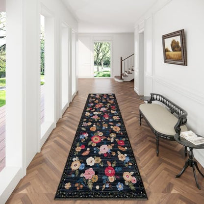 Washable Kitchen Rug Hallway Runner: 2x10 Runner Rug Non Slip Carpet Runner - color: Black Floral, size: 2' x 10' (Rectangular)