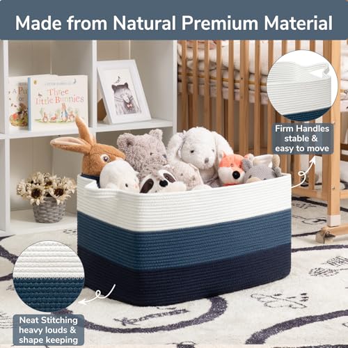 Goodpick Large Woven Rope Blanket Basket, Rectangle, Light Blue - color: Light Blue, size: Large(21.6"L x 14.9"W x 11.8"H)