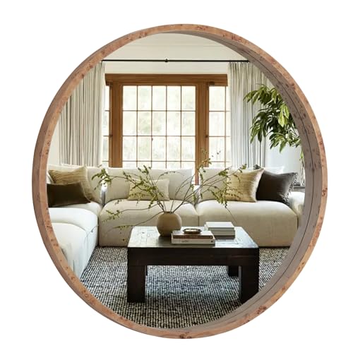 WallBeyond 28 Inch Round Wood Mirror, Burlwood Grain Wood Frame Circle Mirror, Versatile Wall Decor for Bathroom Vanity, Living Room, Bedroom and Entryway, Natural - color: Natural 1, size: 36"L x 36"W
