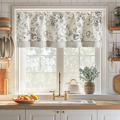 jinchan Floral Linen Kitchen Valance Curtain, 50x18, 1 Panel, Black - color: Flower Black on Beige, size: 50"W x 18"L (Pack of 1)