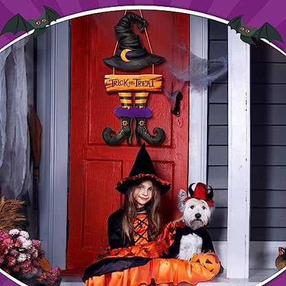 BBTO Halloween Door Decorations Witch Wreath Decor Trick or Treat Wood Sign - style: Witch