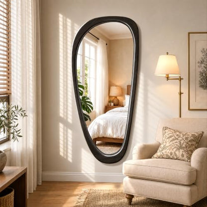 48" x 22" Asymmetrical Mirror, Solid Wood Frame, Irregular Design - color: Black, size: 48"L x 22"W