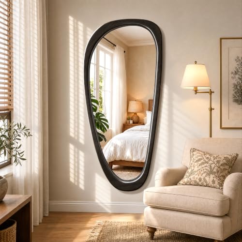 48" x 22" Asymmetrical Mirror, Solid Wood Frame, Irregular Design - color: Black, size: 48"L x 22"W