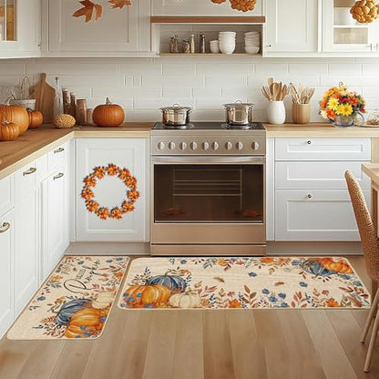 Baccessor Fall Pumpkin Kitchen Rugs Set of 2, 17x29 and 17x47 Inch - color: Blue Floral
