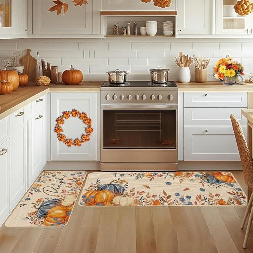Baccessor Fall Pumpkin Kitchen Rugs Set of 2, 17x29 and 17x47 Inch - color: Blue Floral