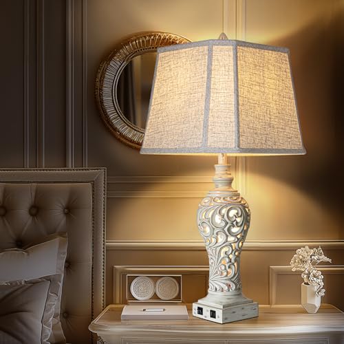 LuxSight Collection 32" Table Lamp Set of 2 with Nightlight and 2 USB Ports - color: Cream-Set of 2, size: 32 inch